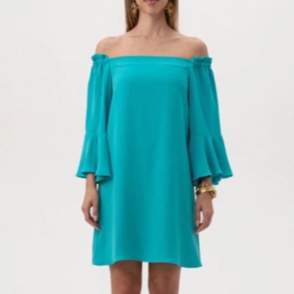 NWT Trina Turk Knox Teal Off-Shoulder Dress